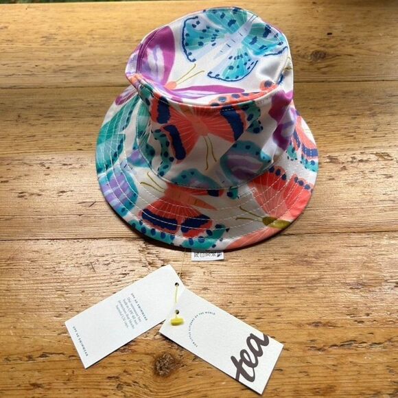 NWT Tea Collection 0 - 6 M Reversible Baby Sun Hat Purple Butterfly UPF 40 - Picture 2 of 10